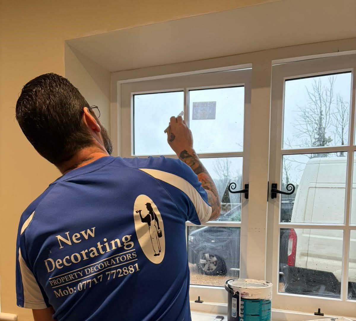 New Decorating painter and decorator at work on a window — preparation and painting in Bath and the surrounding area